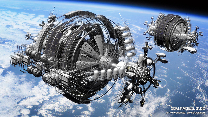 Artist’s rendering of two space stations in orbit