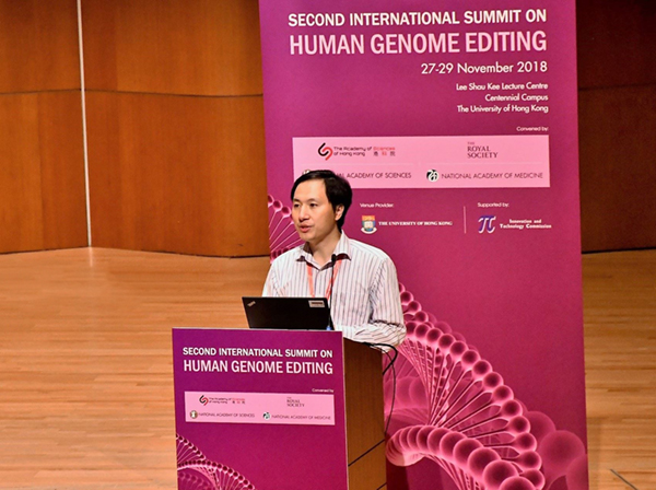 He Jiankui at 2nd International Summit on Human Genome Editing discusses birth of twins whose genes he edited using CRISPR